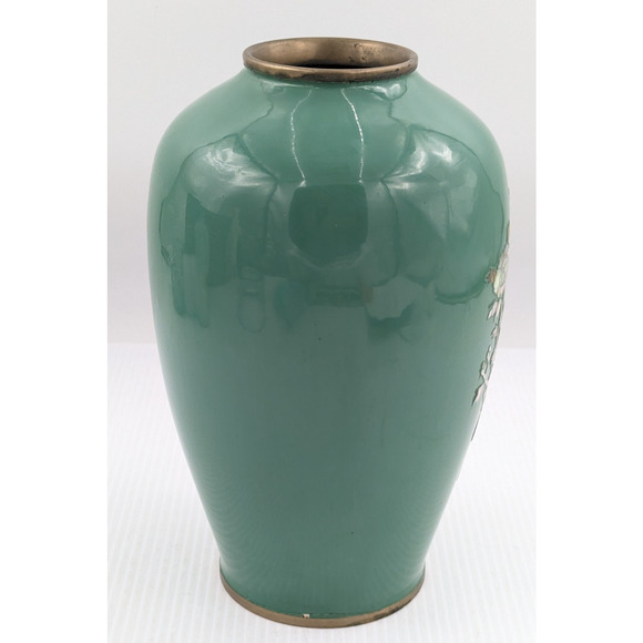 Green Enamel Brass Cloisonne Mother of Pearl Flower Bird Inlay Vase 10" Vintage - Picture 6 of 11
